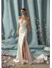 Off Shoulder Pearls Beaded Ivory Satin Slit Wedding Dress
